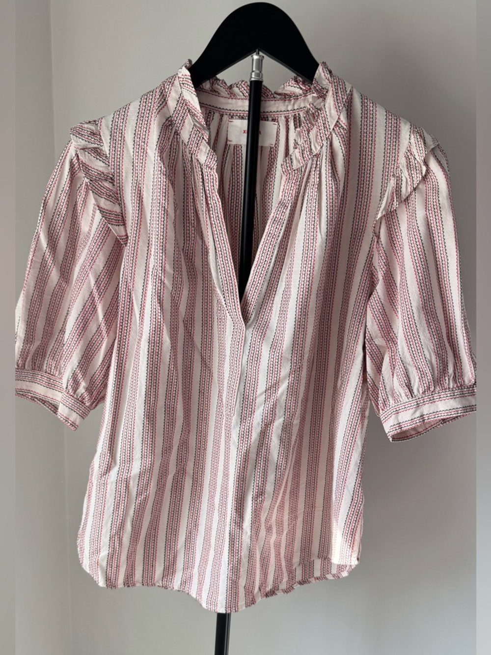 XiRENA Pink & Cream Striped Ruffle-Neck Peasant Blouse - Picture 2 of 9